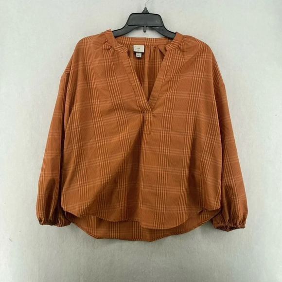 a new day Tops - A New Day Blouse Women's Sz L Orange Plaid Split Neck Long Sleeve Elastic Cuffs